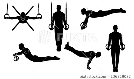 Black Solid Gymnast Rings Exercise Silhouettes Set of Six on White Background Black Solid Gymnast Rings Exercise Silhouettes Set of Six on White Background 136819082