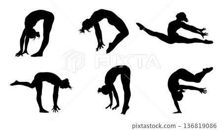 Black Solid Gymnast Round-Offs Silhouettes Set of Six on White Background Black Solid Gymnast Round-Offs Silhouettes Set of Six on White Background 136819086