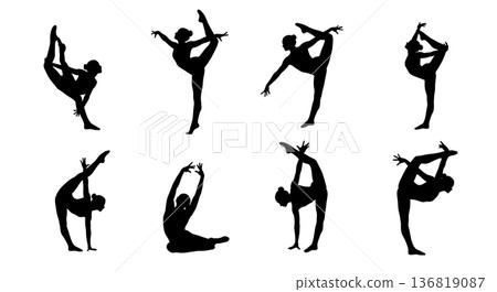 Black Solid Gymnast Side Flips Silhouettes Set of Six on White Background Black Solid Gymnast Side Flips Silhouettes Set of Six on White Background 136819087