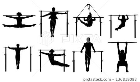 Black Solid Gymnast Single Bar Silhouettes Set of Six on White Background Black Solid Gymnast Single Bar Silhouettes Set of Six on White Background 136819088