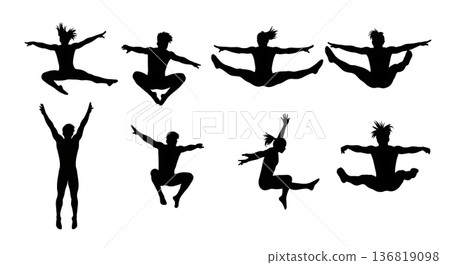 Black Solid Gymnast Trampoline Tricks Silhouettes Set of Six on White Background 136819098