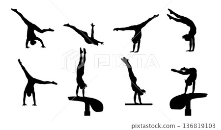 Black Solid Gymnast Vault Action Silhouettes Set of Six on White Background 136819103