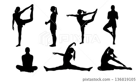 Black Solid Gymnast Warm-Down Stretches Silhouettes Set of Six on White Background 136819105