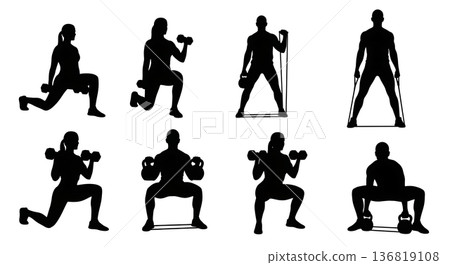 Black Solid Gymnast with Weighted Props Silhouettes Set of Six on White Background Black Solid Gymnast with Weighted Props Silhouettes Set of Six on White Background 136819108
