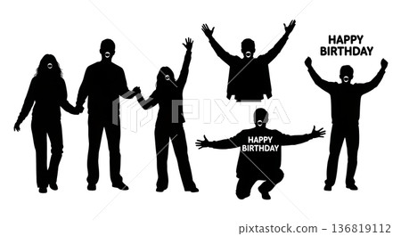 Black Solid Happy Birthday Singing Silhouettes Set of Six on White Background 136819112