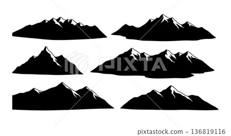 Black Solid High Angle Mountain Silhouettes Set of Six on White Background Black Solid High Angle Mountain Silhouettes Set of Six on White Background 136819116