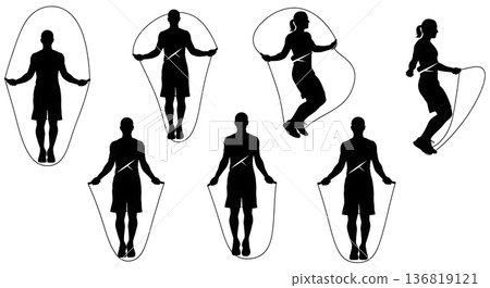 Black Solid HIIT Jump Rope Silhouettes Set of Six on White Background 136819121
