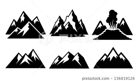 Black Solid Hot Spring Mountain Silhouettes Set of Six on White Background Black Solid Hot Spring Mountain Silhouettes Set of Six on White Background 136819126