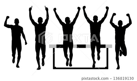 Black Solid Hurdle Arms Raised Triumph Silhouettes Set of Six on White Background Black Solid Hurdle Arms Raised Triumph Silhouettes Set of Six on White Background 136819130
