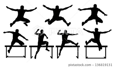 Black Solid Hurdle Arms Spread Wide Silhouettes Set of Six on White Background 136819131