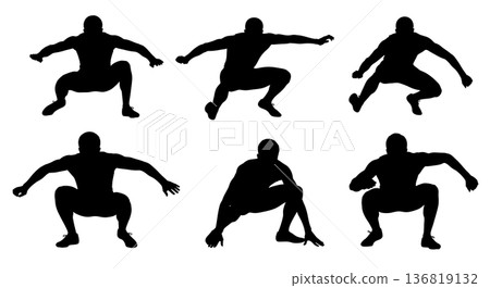 Black Solid Hurdle Powerful Athletic Squat Silhouettes Set of Six on White Background 136819132