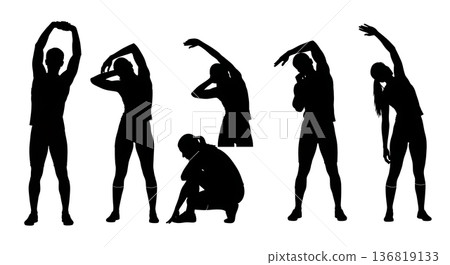 Black Solid Hurdle Back Shoulder Stretch Silhouettes Set of Six on White Background 136819133