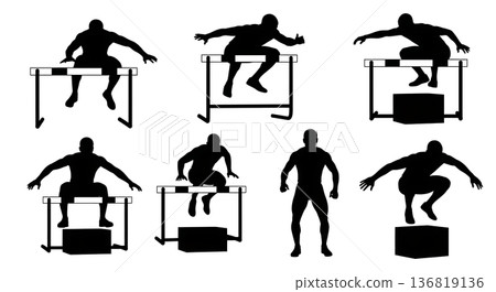 Black Solid Hurdle Box Jumps Silhouettes Set of Six on White Background Black Solid Hurdle Box Jumps Silhouettes Set of Six on White Background 136819136