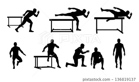 Black Solid Hurdle Butt Kicks Drills Silhouettes Set of Six on White Background Black Solid Hurdle Butt Kicks Drills Silhouettes Set of Six on White Background 136819137