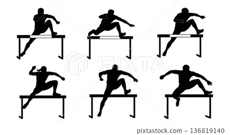 Black Solid Hurdle Clearance Side View Silhouettes Set of Six on White Background 136819140