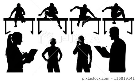 Black Solid Hurdle Clipboard Instruction Silhouettes Set of Six on White Background Black Solid Hurdle Clipboard Instruction Silhouettes Set of Six on White Background 136819141