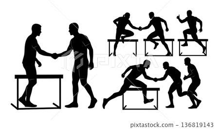 Black Solid Hurdle Competitor Handshake Silhouettes Set of Six on White Background Black Solid Hurdle Competitor Handshake Silhouettes Set of Six on White Background 136819143