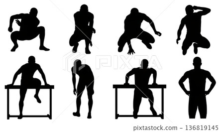 Black Solid Hurdle Contemplation Silhouettes Set of Six on White Background 136819145