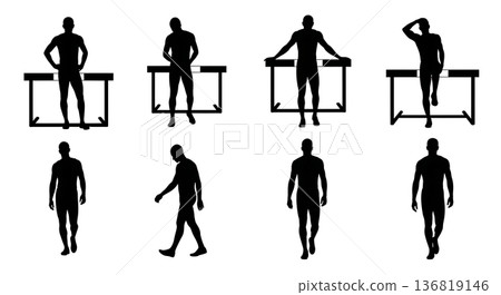 Black Solid Hurdle Cool-Down After Race Silhouettes Set of Six on White Background 136819146
