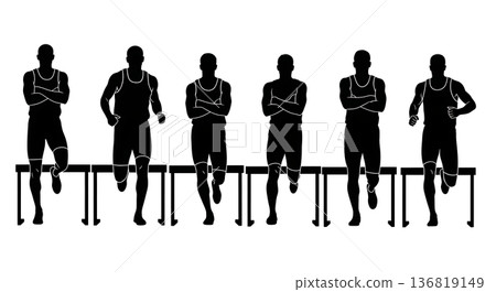 Black Solid Hurdle Crossed Arms Silhouettes Set of Six on White Background Black Solid Hurdle Crossed Arms Silhouettes Set of Six on White Background 136819149