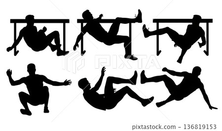 Black Solid Hurdle Fall Stumble Silhouettes Set of Six on White Background Black Solid Hurdle Fall Stumble Silhouettes Set of Six on White Background 136819153