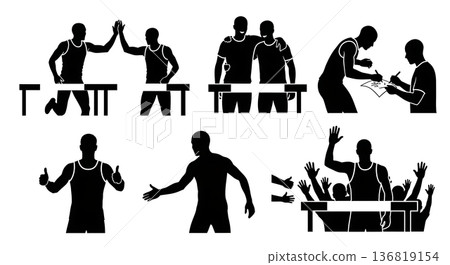 Black Solid Hurdle Fan Interaction Silhouettes Set of Six on White Background 136819154