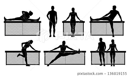 Black Solid Hurdle Fence Stretch Silhouettes Set of Six on White Background Black Solid Hurdle Fence Stretch Silhouettes Set of Six on White Background 136819155