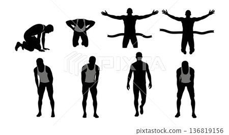 Black Solid Hurdle Finish Line Crossing Silhouettes Set of Six on White Background Black Solid Hurdle Finish Line Crossing Silhouettes Set of Six on White Background 136819156
