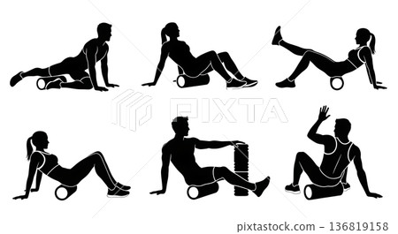 Black Solid Hurdle Foam Roller Recovery Silhouettes Set of Six on White Background 136819158