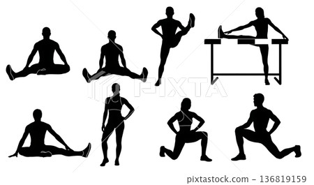 Black Solid Hurdle Groin Stretch Silhouettes Set of Six on White Background Black Solid Hurdle Groin Stretch Silhouettes Set of Six on White Background 136819159