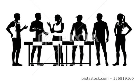 Black Solid Hurdle Group Conversation Silhouettes Set of Six on White Background 136819160