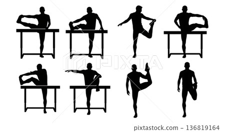 Black Solid Hurdle Hamstring Stretching Silhouettes Set of Six on White Background Black Solid Hurdle Hamstring Stretching Silhouettes Set of Six on White Background 136819164