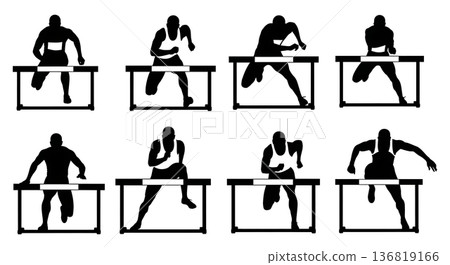 Black Solid Hurdle Hands Clasped Calm Focus Silhouettes Set of Six on White Background Black Solid Hurdle Hands Clasped Calm Focus Silhouettes Set of Six on White Background 136819166