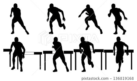 Black Solid Hurdle Hands-on-Knees Breath Catching Silhouettes Set of Six on White Background 136819168