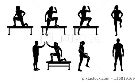 Black Solid Hurdle High-Five Encouragement Silhouettes Set of Six on White Background 136819169