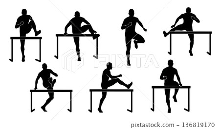 Black Solid Hurdle High Knees Drills Silhouettes Set of Six on White Background Black Solid Hurdle High Knees Drills Silhouettes Set of Six on White Background 136819170