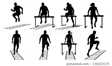 Black Solid Hurdle Ladder Drills Silhouettes Set of Six on White Background Black Solid Hurdle Ladder Drills Silhouettes Set of Six on White Background 136819174