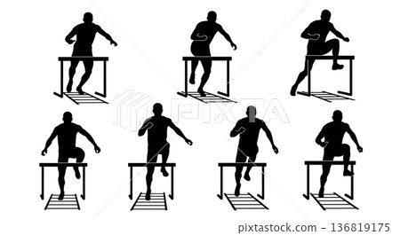 Black Solid Hurdle Ladder Quick Feet Drills Silhouettes Set of Six on White Background Black Solid Hurdle Ladder Quick Feet Drills Silhouettes Set of Six on White Background 136819175
