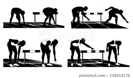 Black Solid Hurdle Lane Assignment Check Silhouettes Set of Six on White Background 136819176