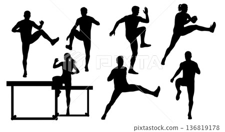 Black Solid Hurdle Dynamic Leg Swings Silhouettes Set of Six on White Background Black Solid Hurdle Dynamic Leg Swings Silhouettes Set of Six on White Background 136819178