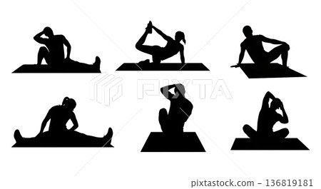 Black Solid Hurdle Mat Stretching Silhouettes Set of Six on White Background Black Solid Hurdle Mat Stretching Silhouettes Set of Six on White Background 136819181