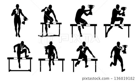 Black Solid Hurdle Medal Trophy Silhouettes Set of Six on White Background Black Solid Hurdle Medal Trophy Silhouettes Set of Six on White Background 136819182