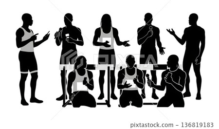 Black Solid Hurdle Media Interview Silhouettes Set of Six on White Background Black Solid Hurdle Media Interview Silhouettes Set of Six on White Background 136819183