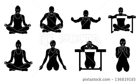 Black Solid Hurdle Meditation Focus Silhouettes Set of Six on White Background Black Solid Hurdle Meditation Focus Silhouettes Set of Six on White Background 136819185
