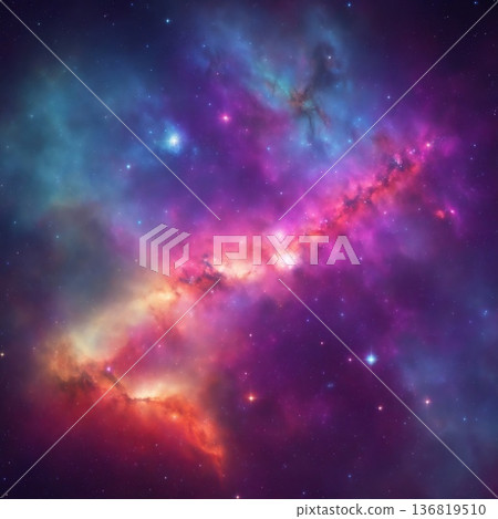 Stunning Vibrant Nebula in Deep Space with Glowing Stars and Swirling Colorful Gas Clouds of Purple Blue and Pink 136819510