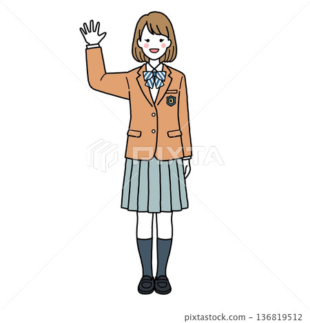 Waving female junior and senior high school students in uniform Waving female junior and senior high school students in uniform 136819512