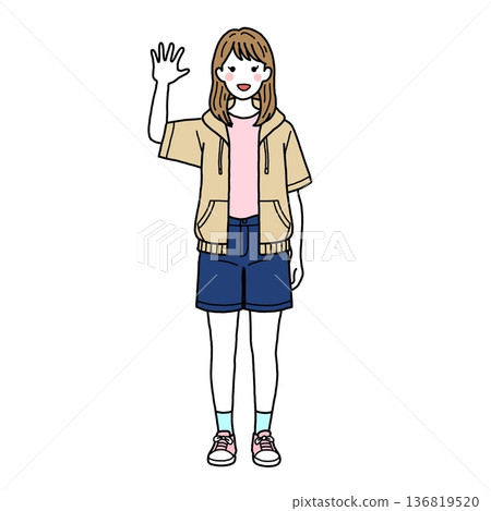 Casual female student waving Casual female student waving 136819520