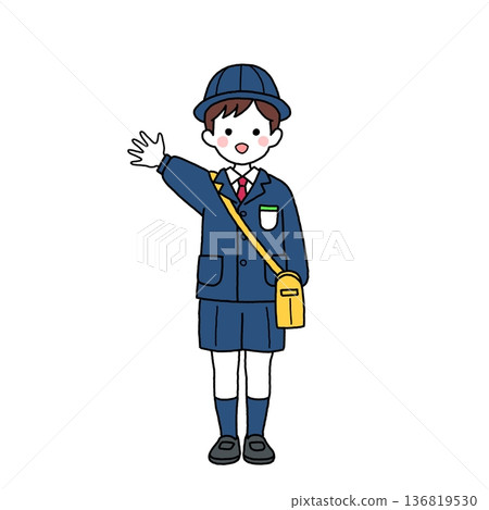 Kindergarten boy in uniform waving Kindergarten boy in uniform waving 136819530