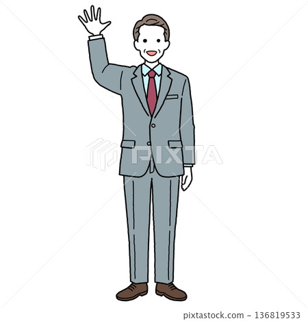 A middle-aged man in a suit waving his hand A middle-aged man in a suit waving his hand 136819533