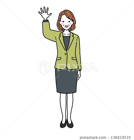 A middle-aged woman in a suit waving A middle-aged woman in a suit waving 136819535